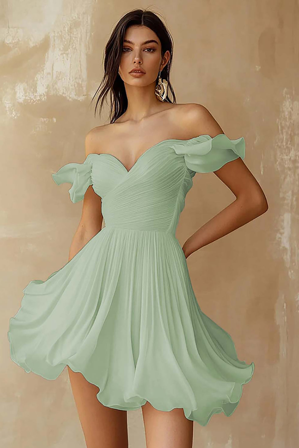 White Chiffon A Line Ruffled Off the Shoulder Pleated Short Graduation Dress