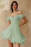 White Chiffon A Line Ruffled Off the Shoulder Pleated Short Graduation Dress