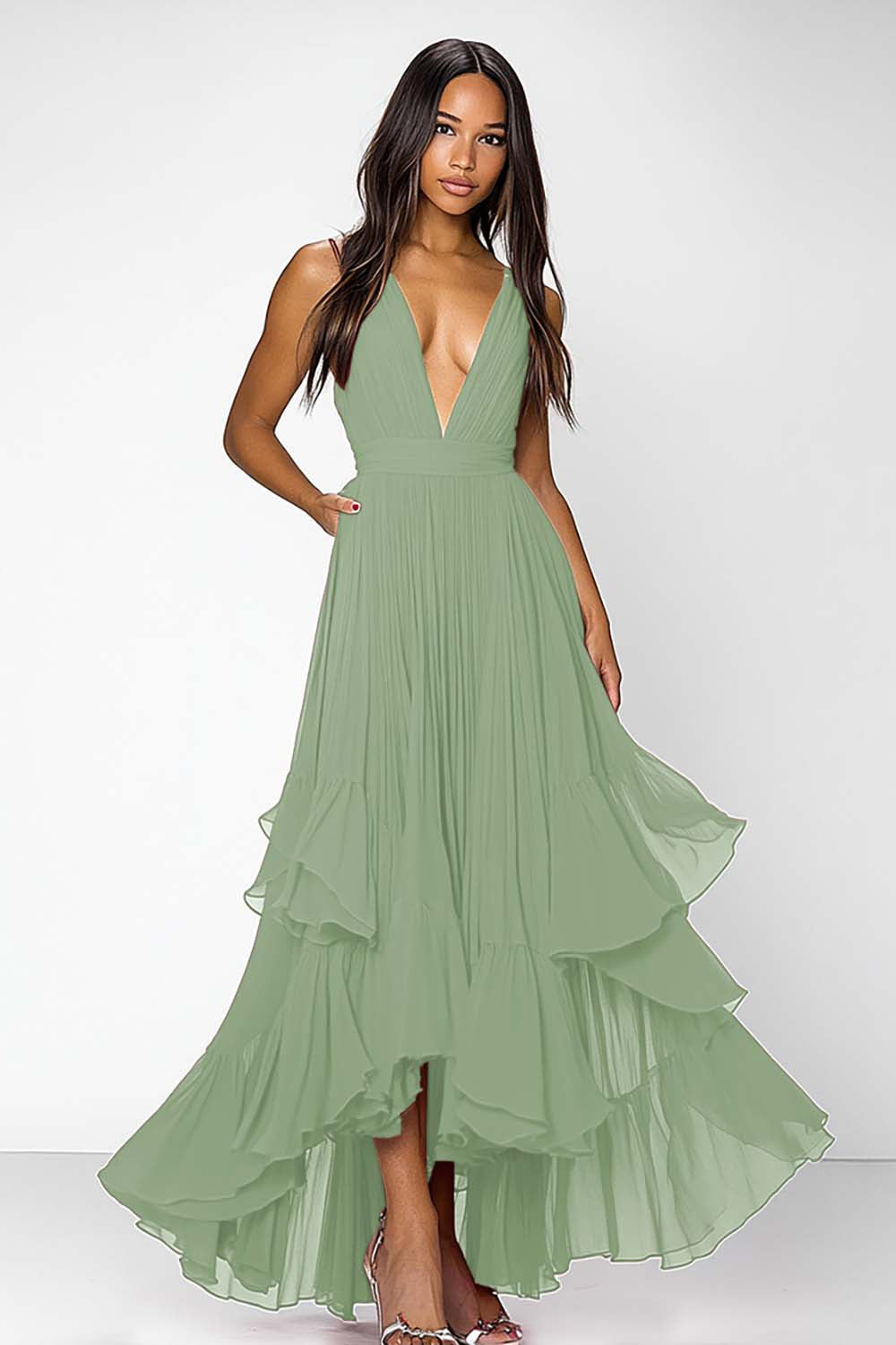 Black Deep V Neck Ruched Ruffles A Line Formal Dress