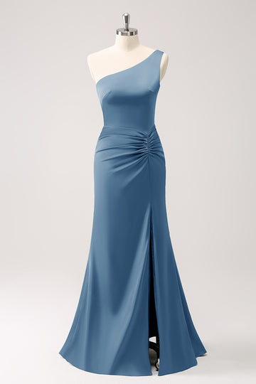 Dusty Blue One Shoulder Mermaid Satin Long Bridesmaid Dress