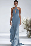 Halter Terracotta Chiffon Sheath Long Formal Dress with Ruffles