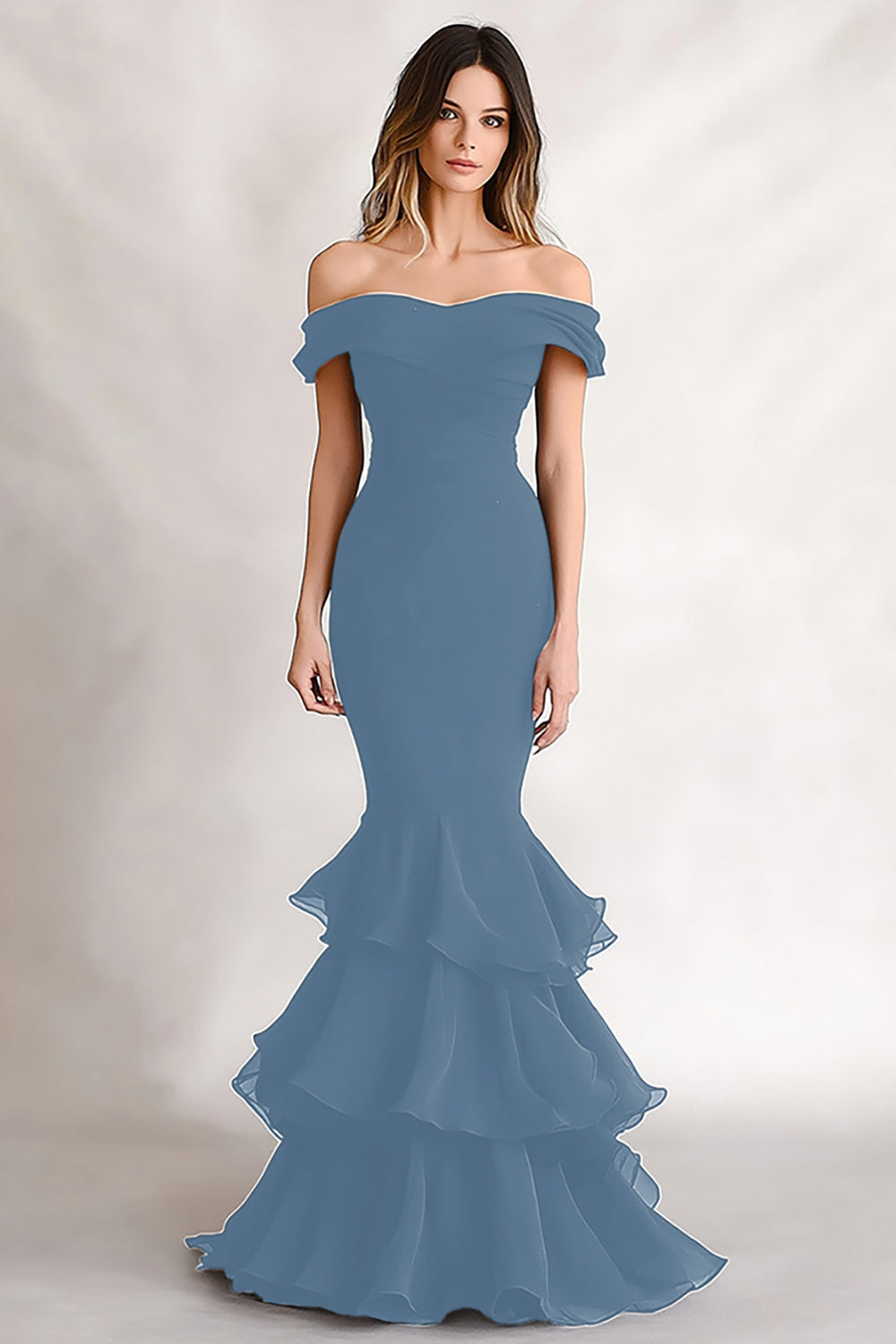 Black Satin Off the Shoulder Mermaid Tiered Long Formal Dress