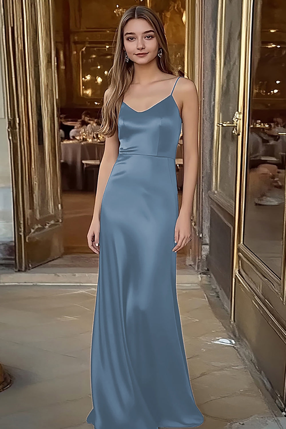 Coffee Satin Spaghetti Straps Sheath Long Formal Dress