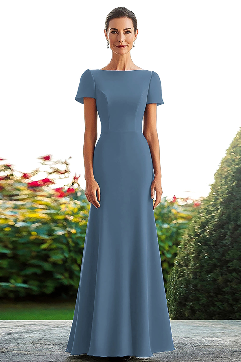 Black Crepe Satin Sheath Short Sleeves Long Mother Of Bride Dress