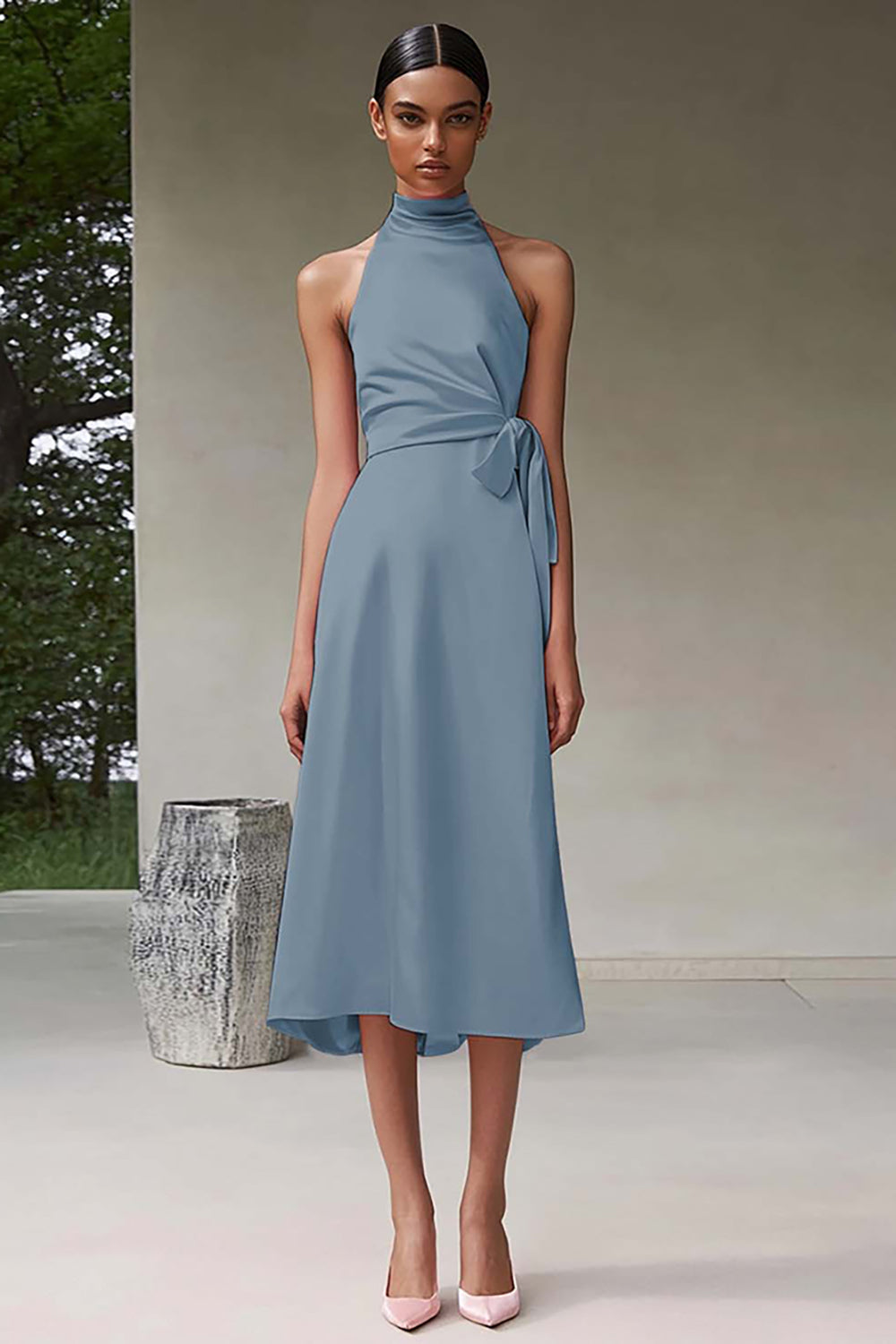 Pink Satin A Line High Neck Sleeveless Midi Formal Dress