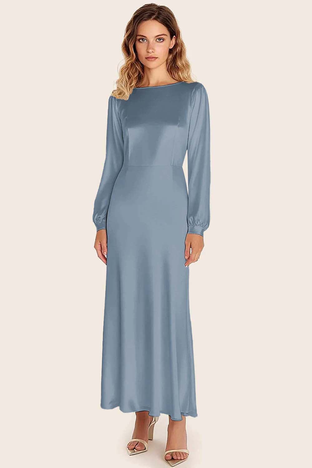 Ivory Satin Boat Neck A-Line Long Formal Dress with Long Sleeves