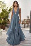 Orange Ruffled A Line Chiffon V Neck Long Formal Dress