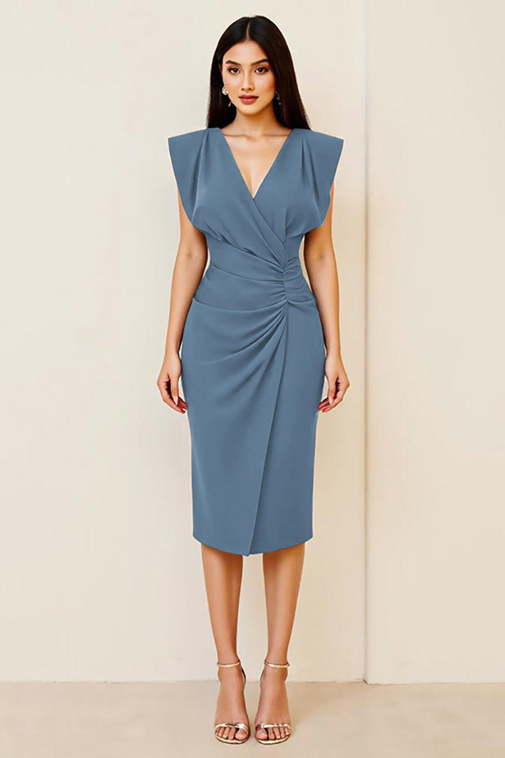 Black Satin Midi V Neck Ruched Bodycon Formal Dress