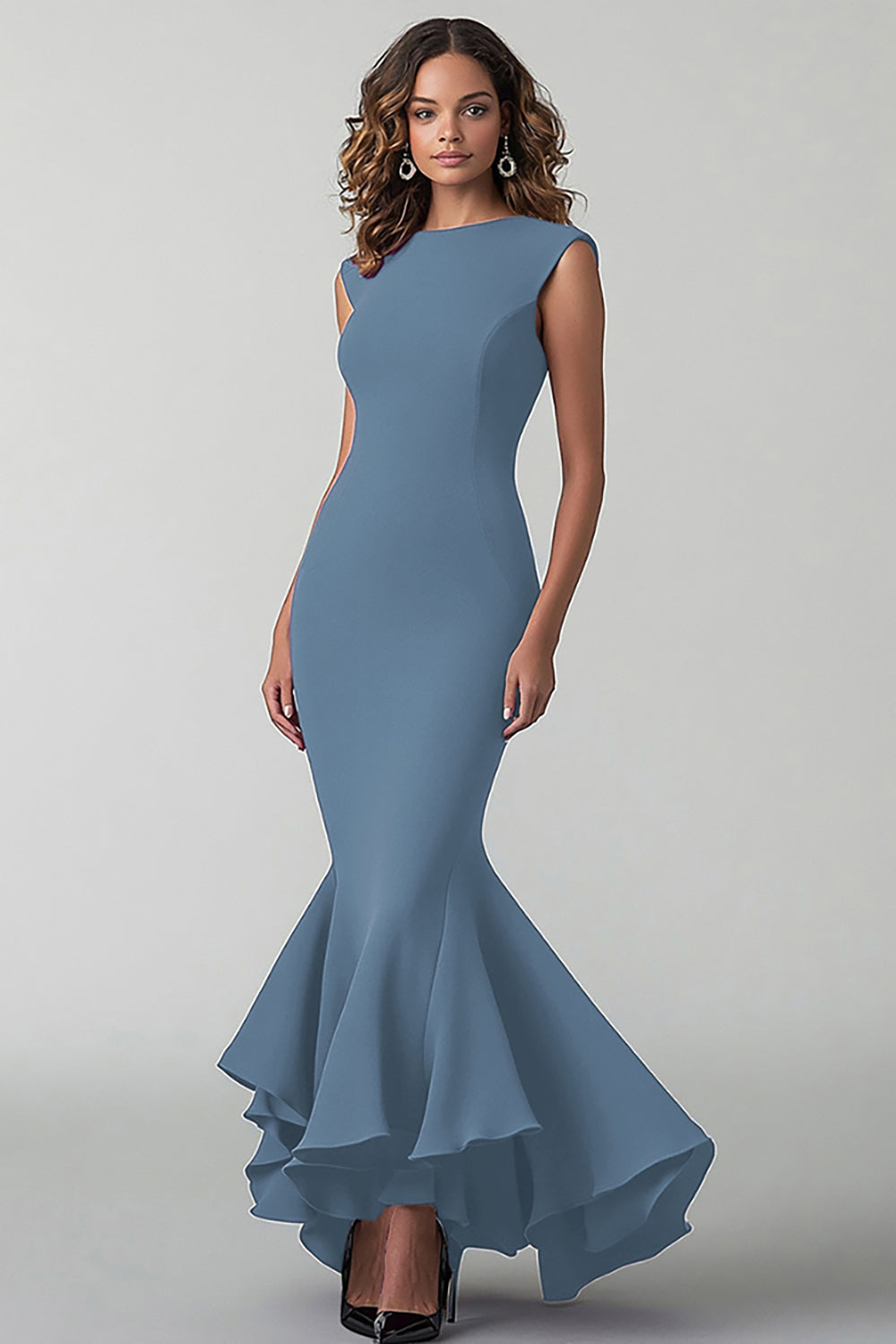 Plum Crepe Mermaid Round Neck Formal Dress