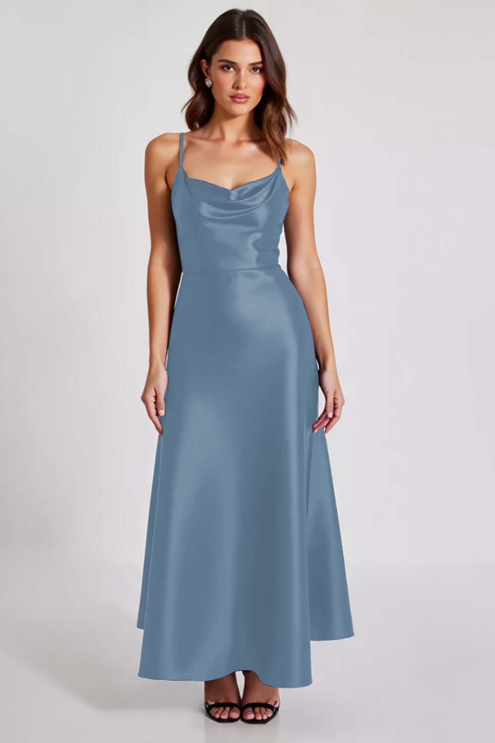 Navy Satin A Line Spaghetti Straps Long Formal Dress