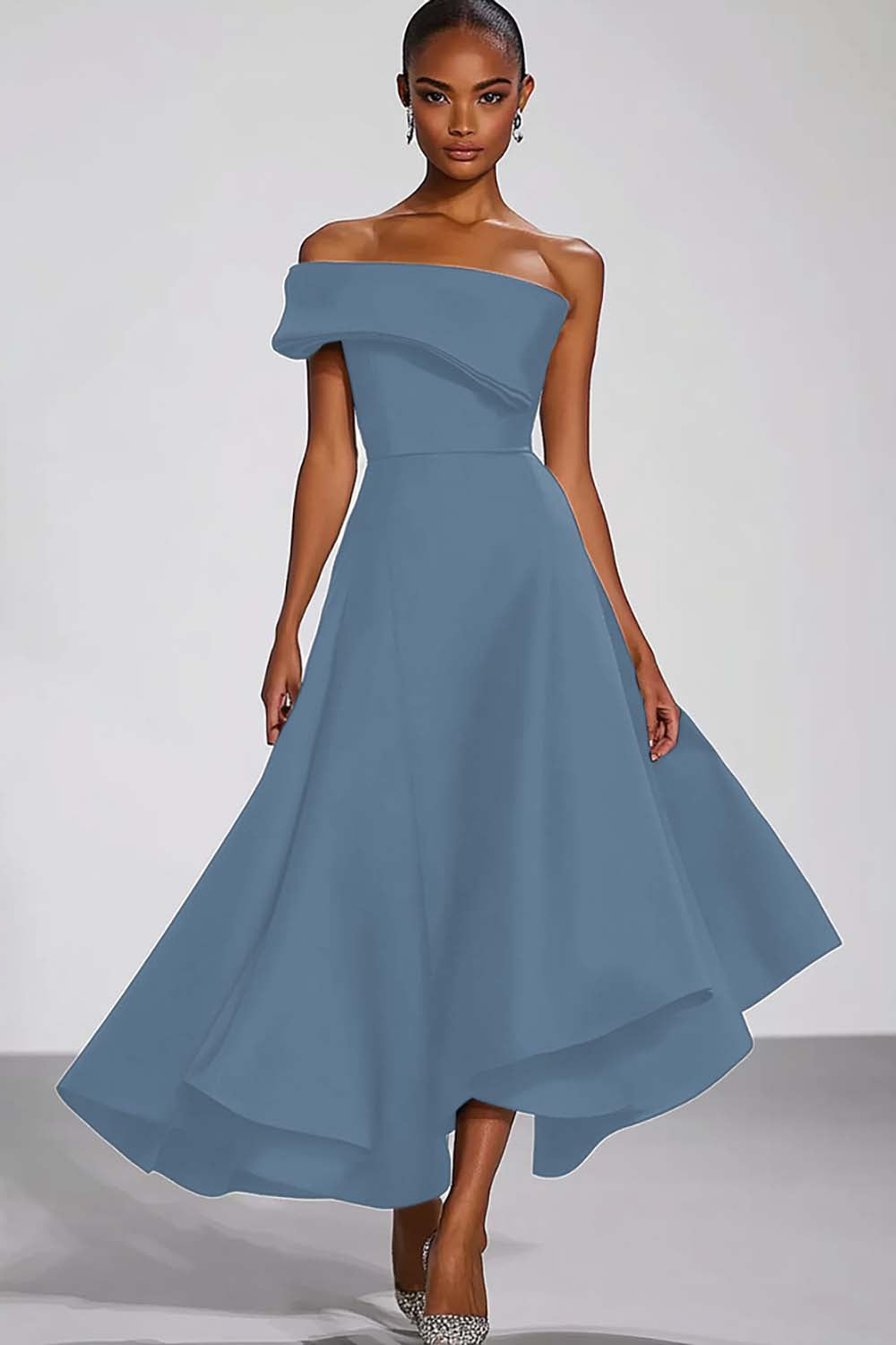 One Shoulder Navy Satin A Line Long Formal Dress