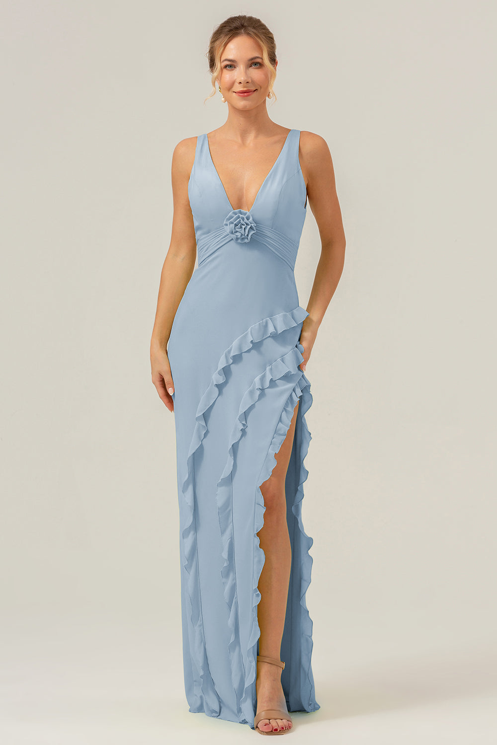 Mermaid Terracotta Deep V Neck Backless Long Bridesmaid Dress with Slit