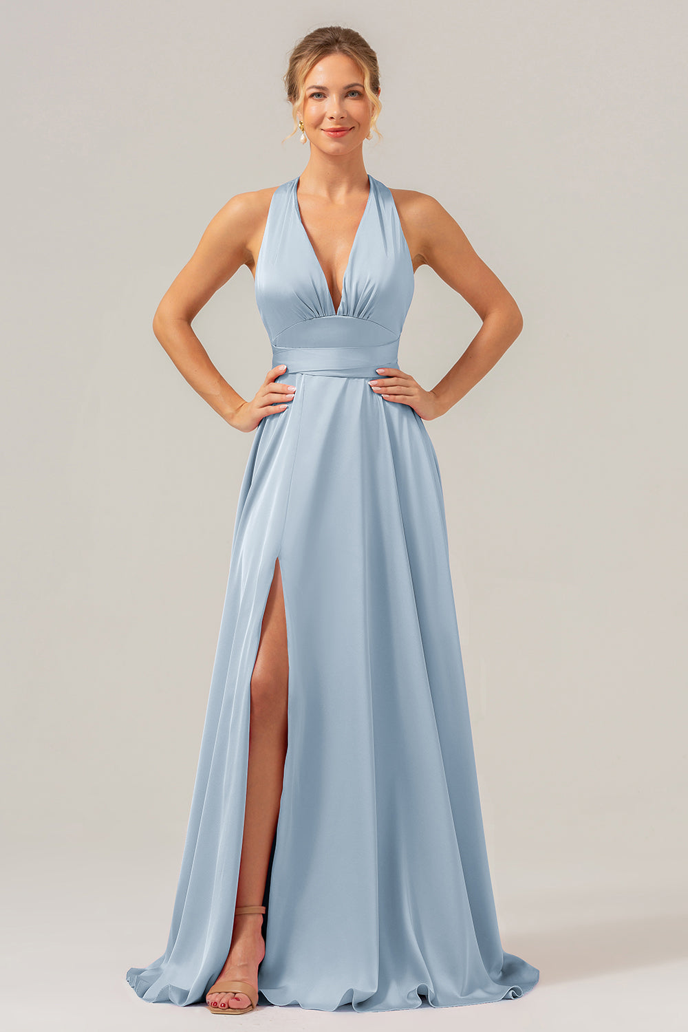 A Line Terracotta V-Neck Backless Satin Long Bridesmaid Dress with Slit