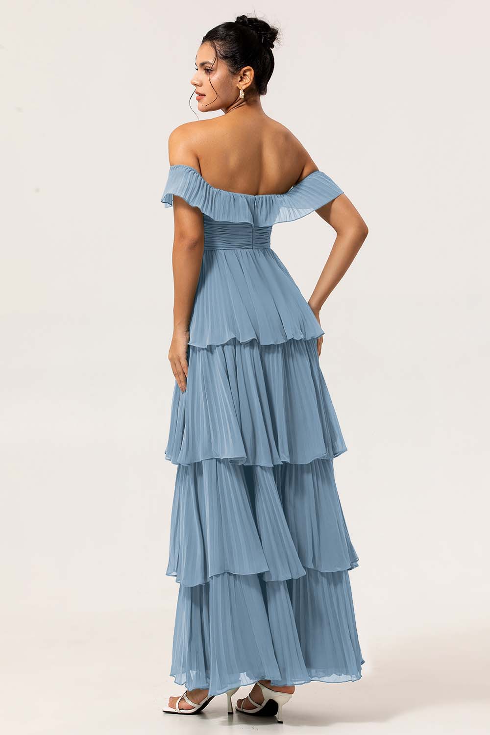 Eucalyptus A Line Off the Shoulder Tiered  Pleated Long Bridesmaid Dress with Slit