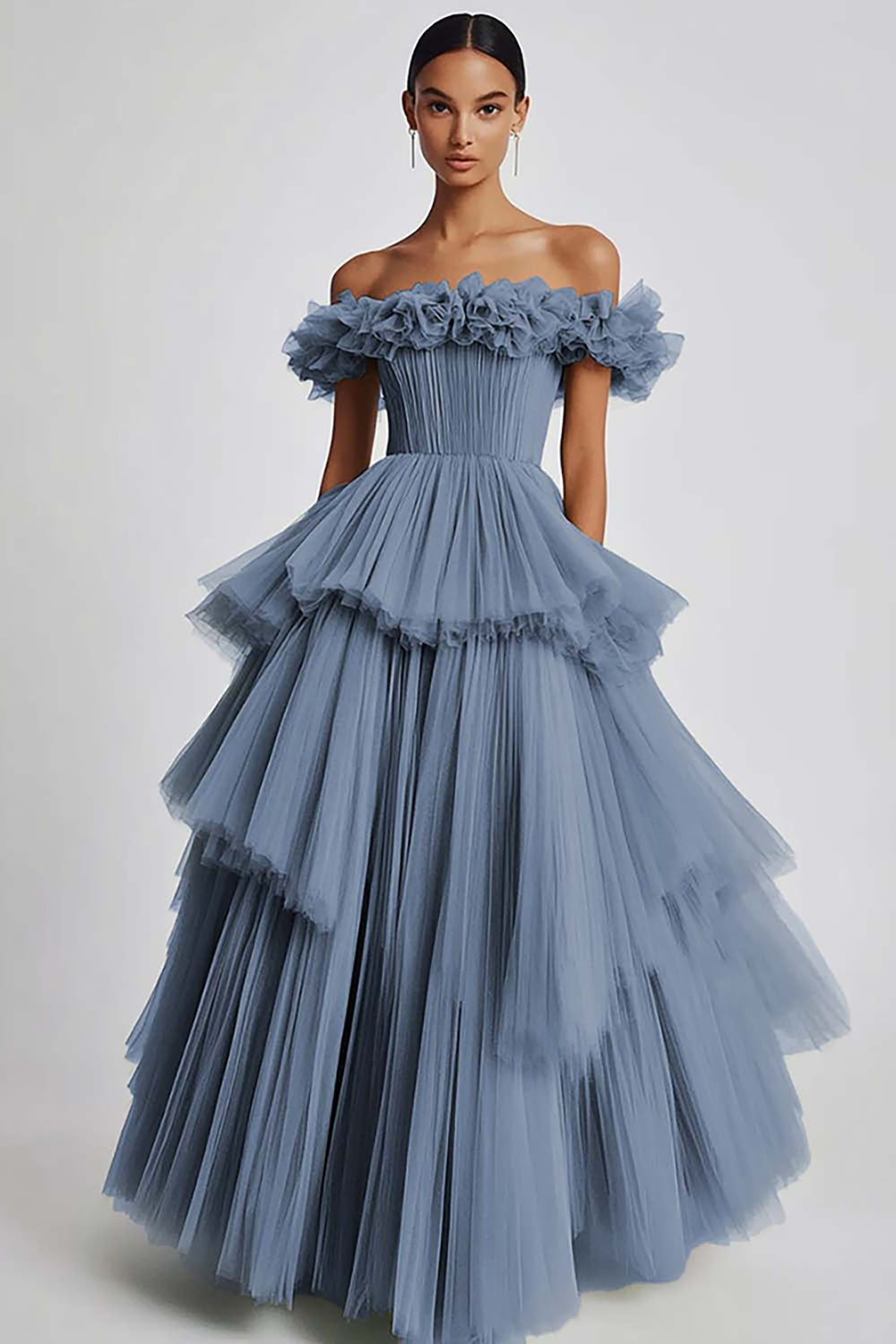Dusty Sage Tulle Off The Shoulder Ball Gown Long Formal Dress with Ruffles