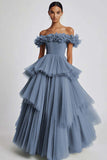 Dusty Sage Tulle Off The Shoulder Ball Gown Long Formal Dress with Ruffles