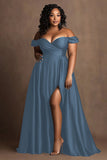 Plus Size Black Satin Off The Shoulder Long Formal Dress with Slit