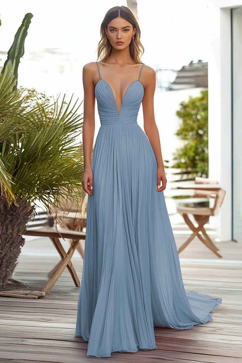 Dark Green Chiffon A Line Spaghetti Straps Pleated Long Wedding Guest Dress