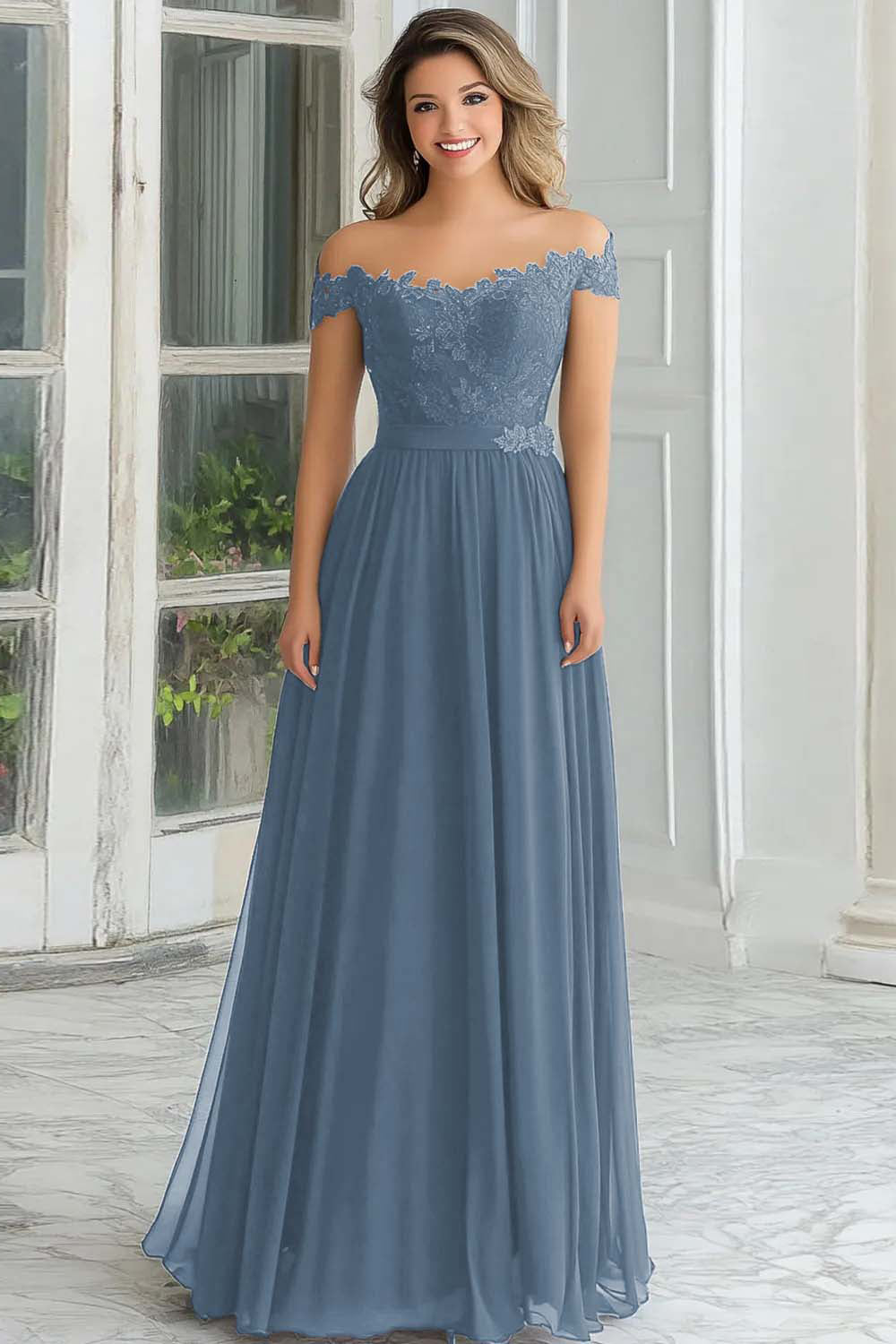 Elegant A-Line Navy Off the Shoulder Chiffon Long Mother Of the Bride Dress with Lace Appliques