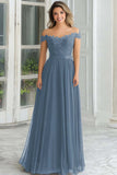 Elegant A-Line Navy Off the Shoulder Chiffon Long Mother Of the Bride Dress with Lace Appliques