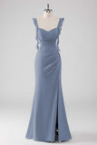 Dusty Blue Ruffled Sheath Chiffon Long Bridesmaid Dress with Slit