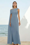 White Satin Sheath One Shoulder Long Boho Formal Dress with Cape
