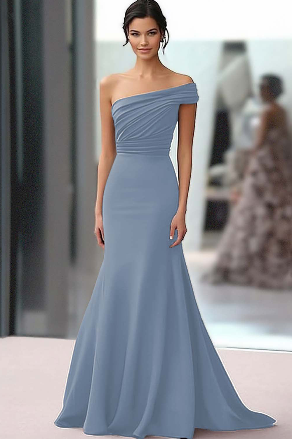 Coffee One Shoulder Mermaid Ruched Long Formal Dress