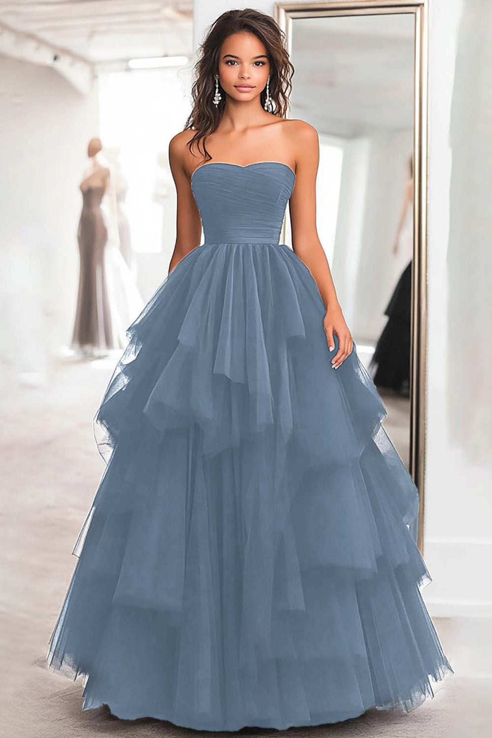 Black Ball Gown Strapless Tulle Tiered Long Formal Dress