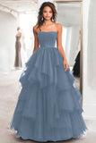 Black Ball Gown Strapless Tulle Tiered Long Formal Dress