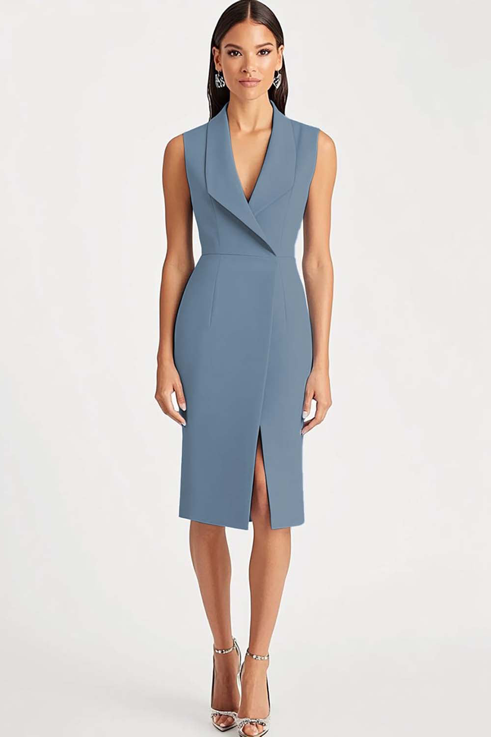 Sky Blue Shawl Lapel Satin Midi Work Dress with Slit