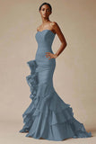 Black Strapless Satin Ruffled Mermaid Formal Dress
