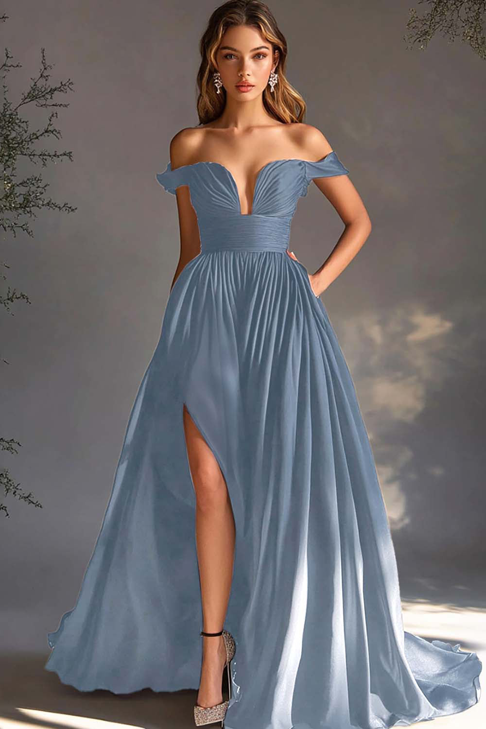 Black Off The Shoulder A Line Chiffon Long Formal Dress with Slit