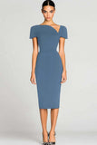Black Short Sleeves Bodycon Satin Midi Work Dress
