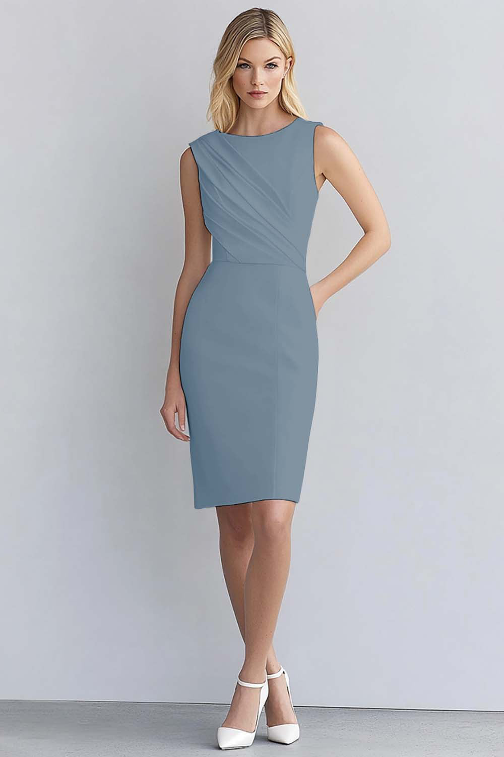 Ivory Satin Bodycon Round Neck Ruched Midi Work Dress