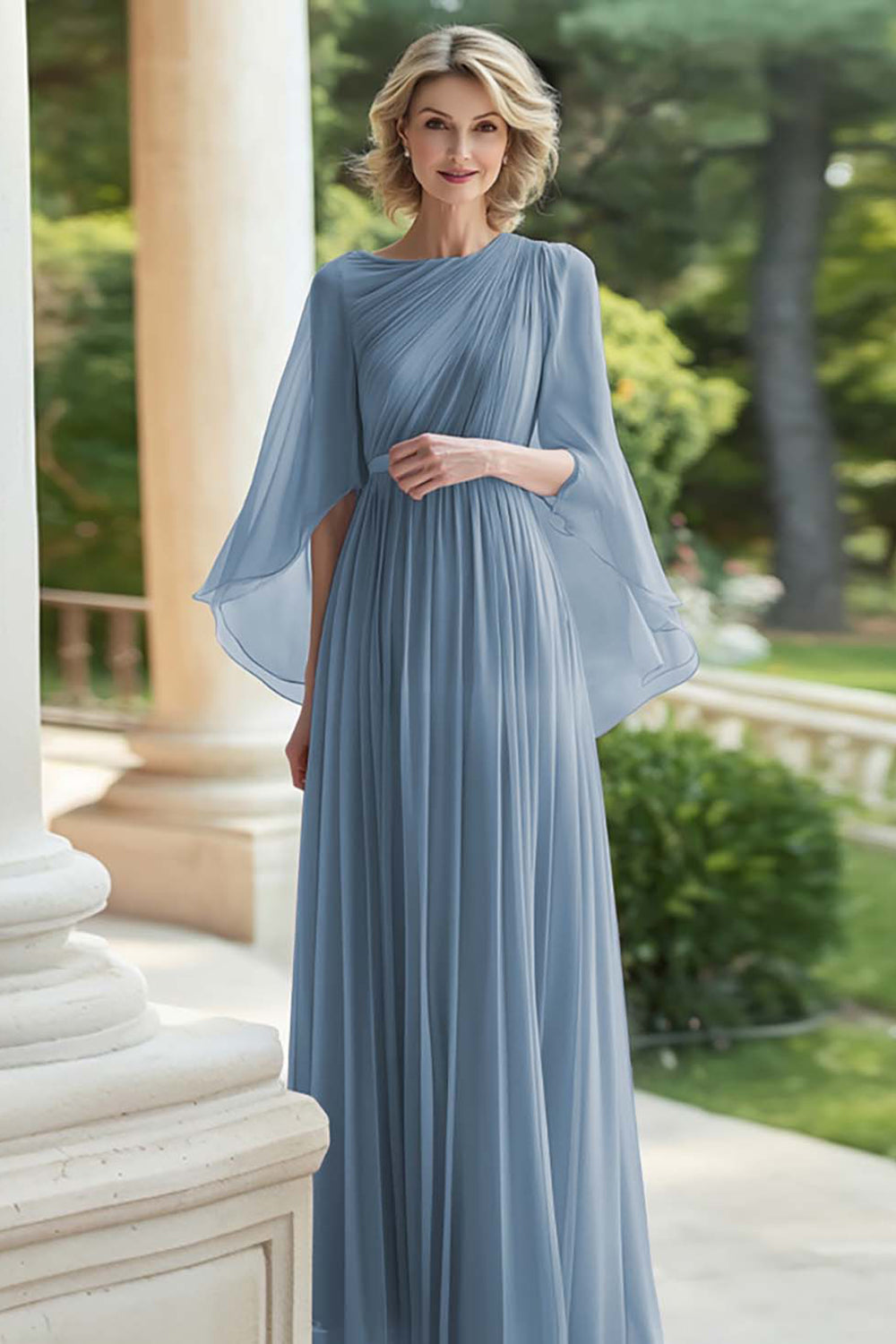 Black Pleated A Line Chiffon Mother of the Bride Dress with Sleeves