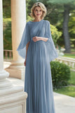 Black Pleated A Line Chiffon Mother of the Bride Dress with Sleeves