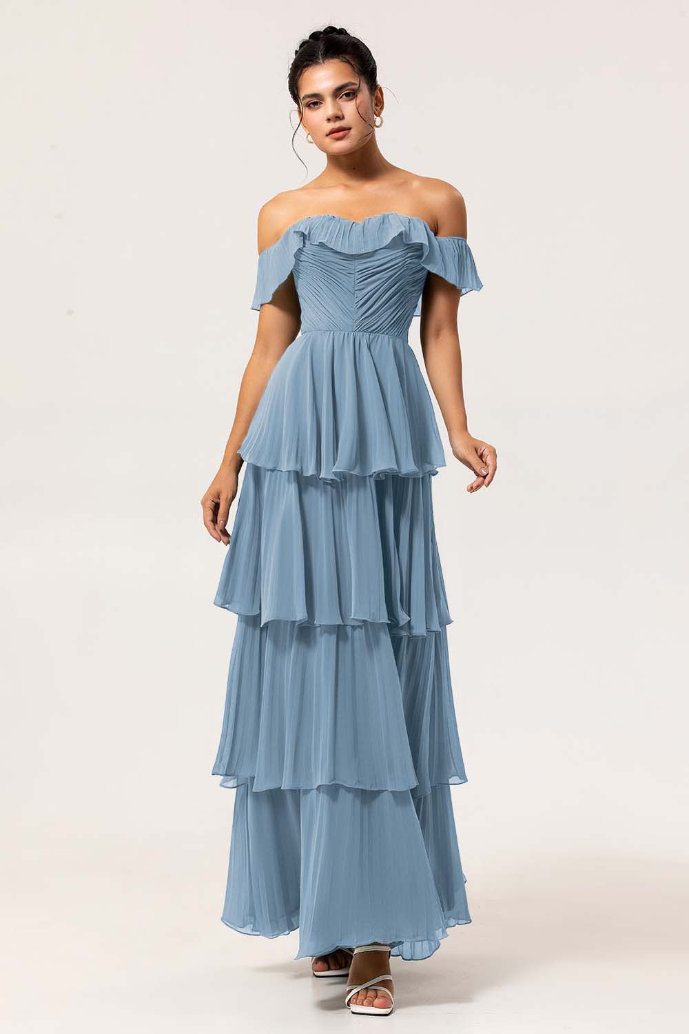 Eucalyptus A Line Off the Shoulder Tiered  Pleated Long Bridesmaid Dress with Slit