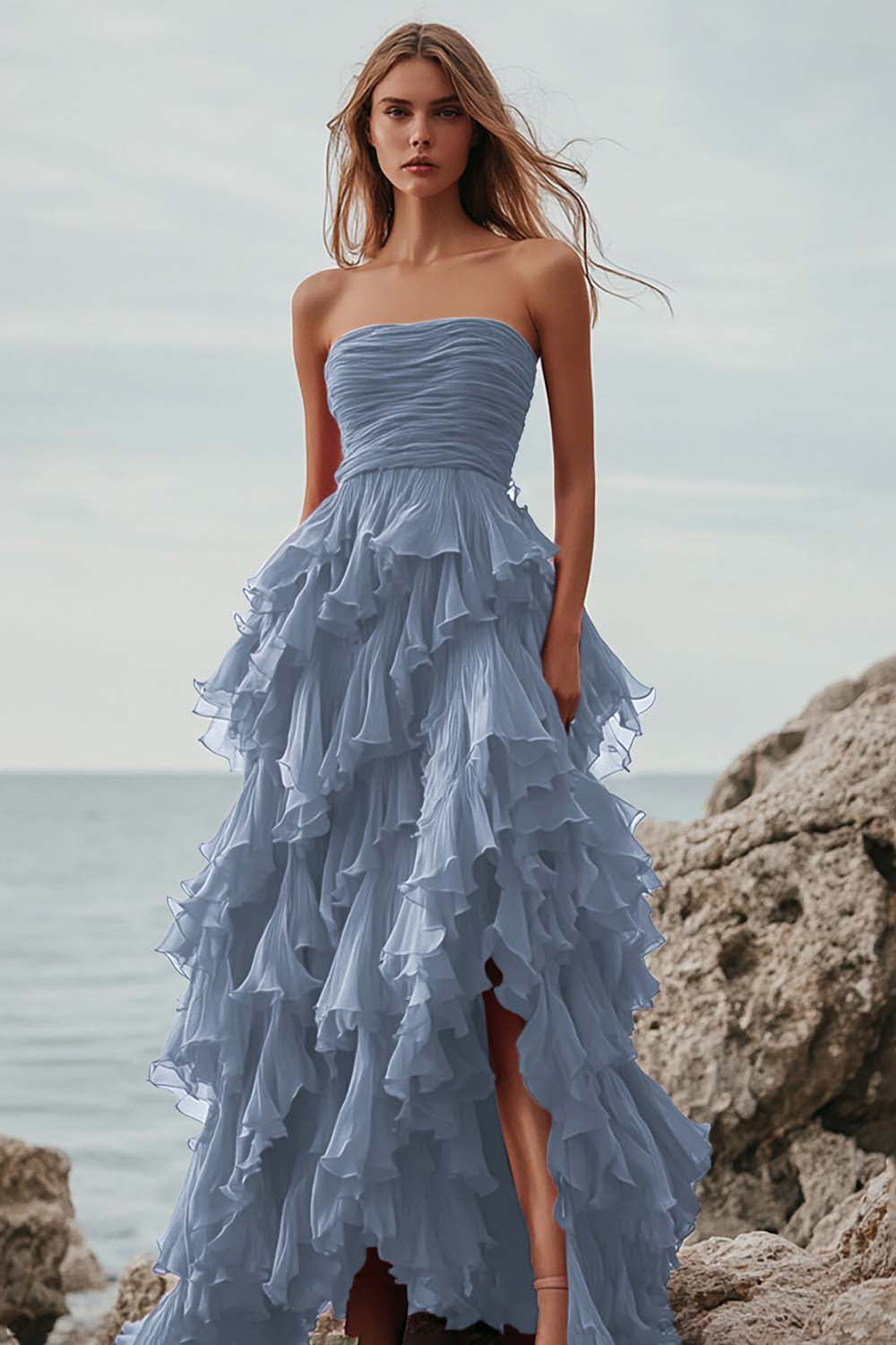 Fuchsia Organza Strapless Long Ball Gown Formal Dress with Ruffles