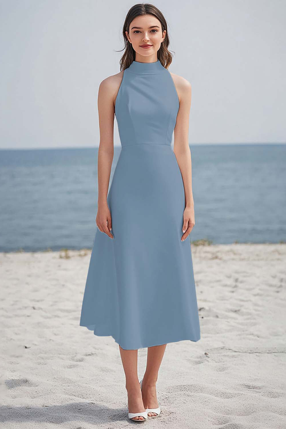 Simple Black High Neck Satin Midi Boho Dress