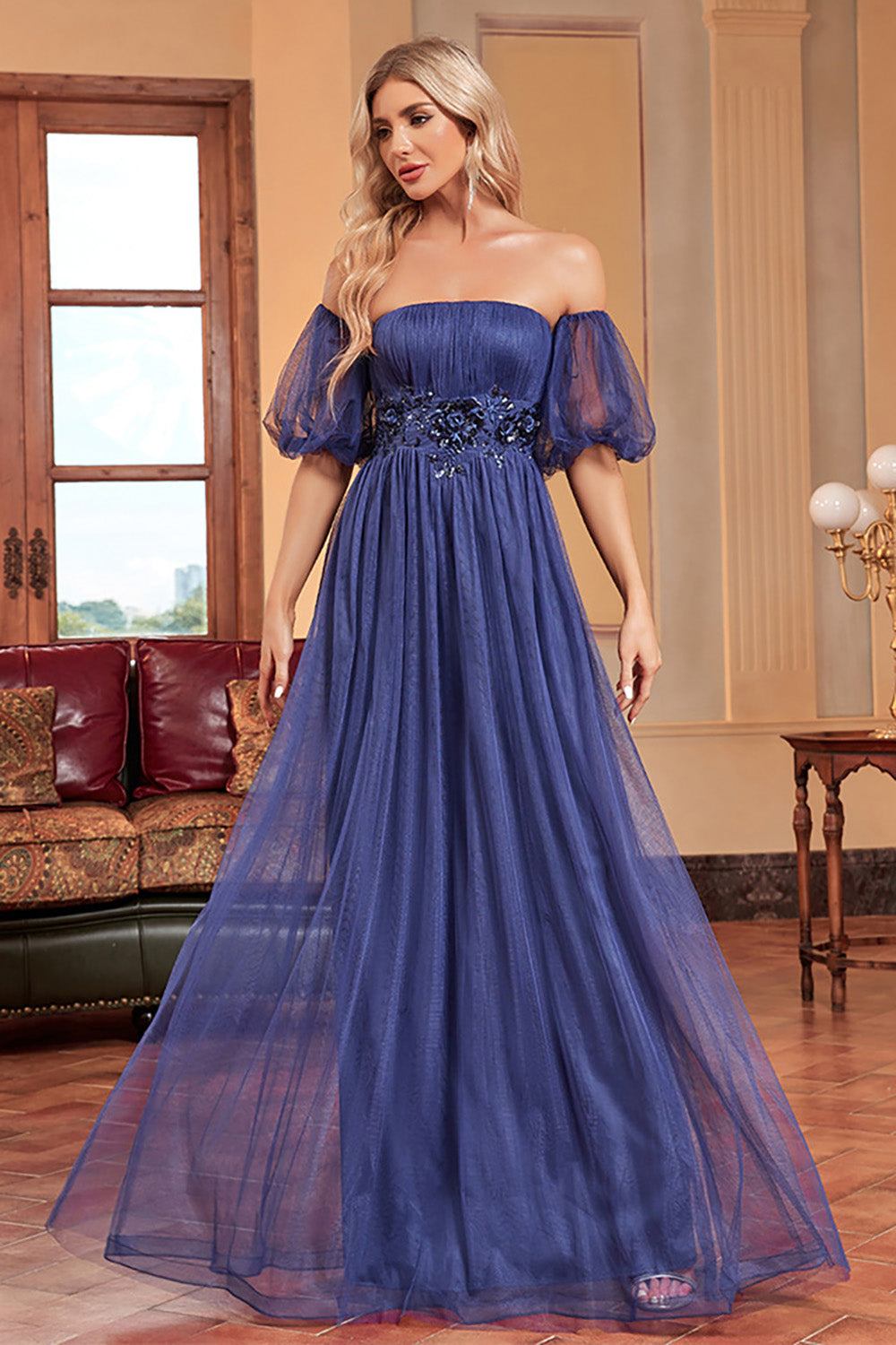 Navy A Line Removable Sleeves Pleated Long Formal Dress