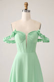 Green A Line Off The Shoulder Corset Bridesmaid Dress With Ruffles
