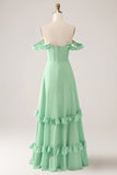 Green A Line Off The Shoulder Corset Bridesmaid Dress With Ruffles