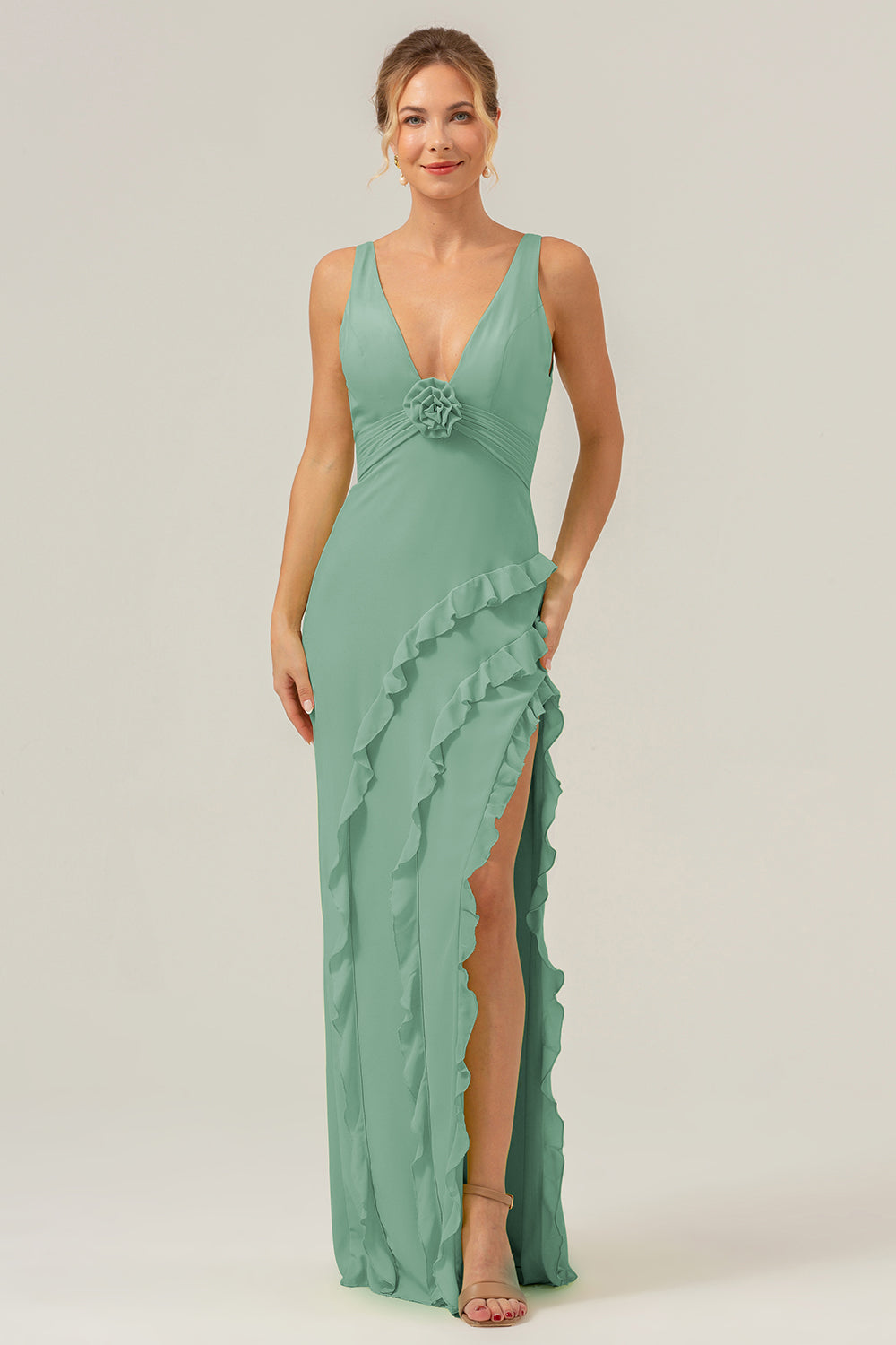 Mermaid Terracotta Deep V Neck Backless Long Bridesmaid Dress with Slit