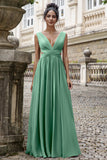 A-Line Eucalyptus V Neck Chiffon Long Bridesmaid Dress with Lace Up Back