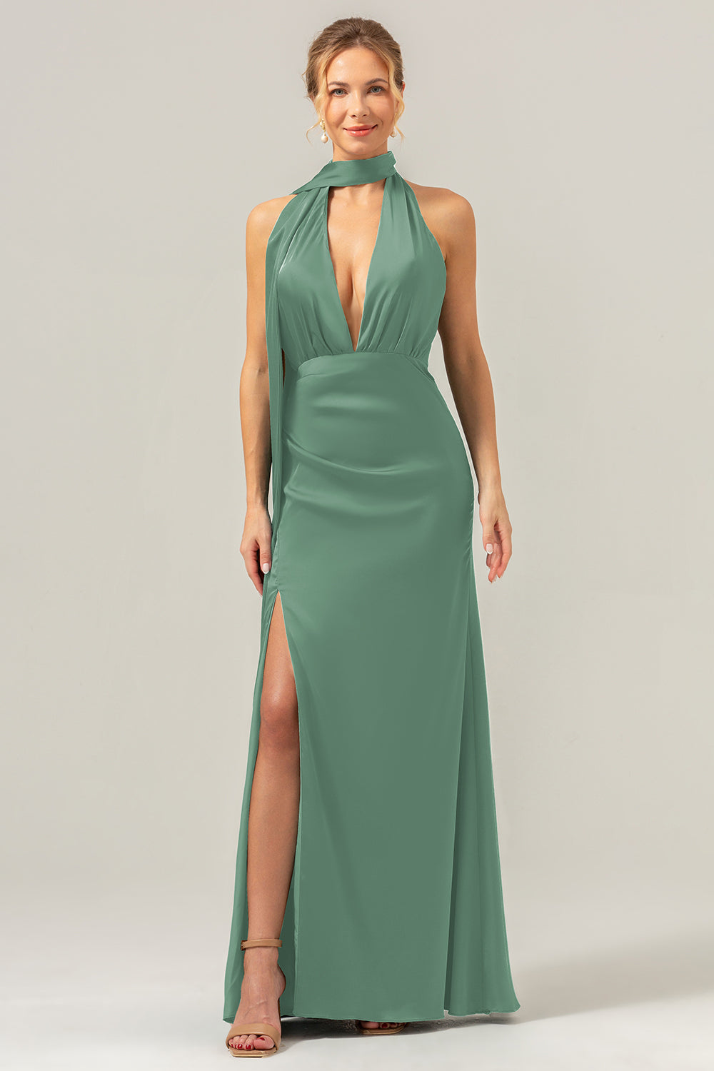 Dusty Sage Sheath V-Neck Backless Long Bridesmaid Dress with Slit