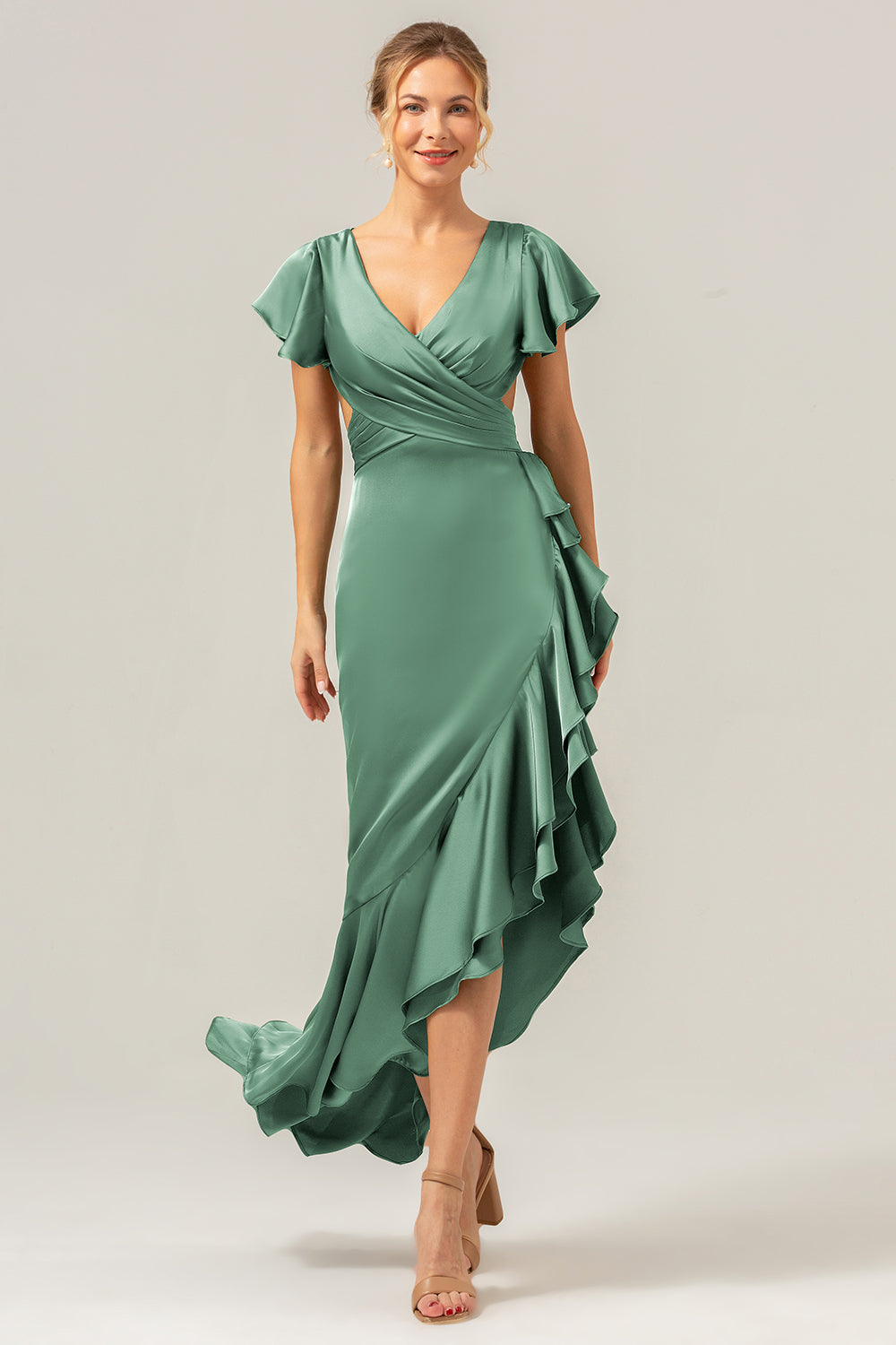 A Line Terracotta V Neck Satin Asymmetrical Bridesmaid Dress with Slit