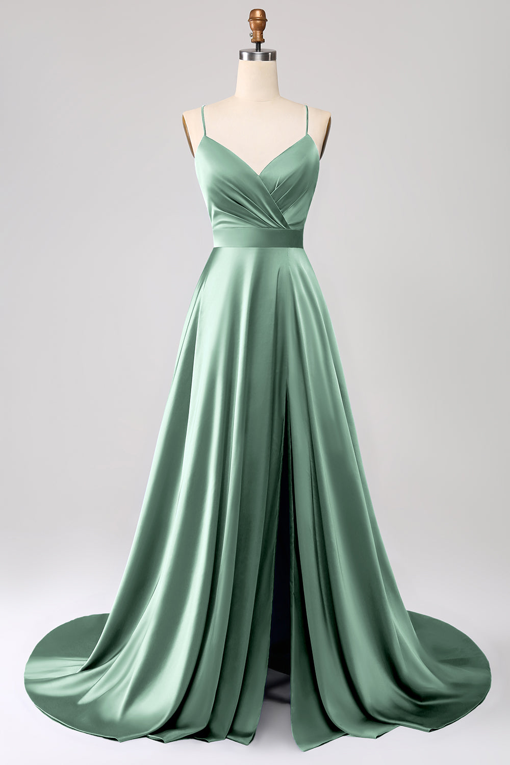 A Line Dusty Sage Spaghetti Straps Satin Formal Dress with Slit