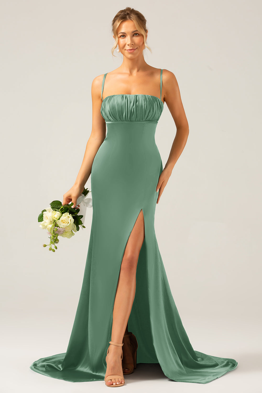 Mermaid Dusty Rose Spaghetti Straps Satin Formal Dress with Slit