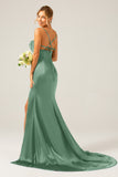Mermaid Dusty Rose Spaghetti Straps Satin Formal Dress with Slit