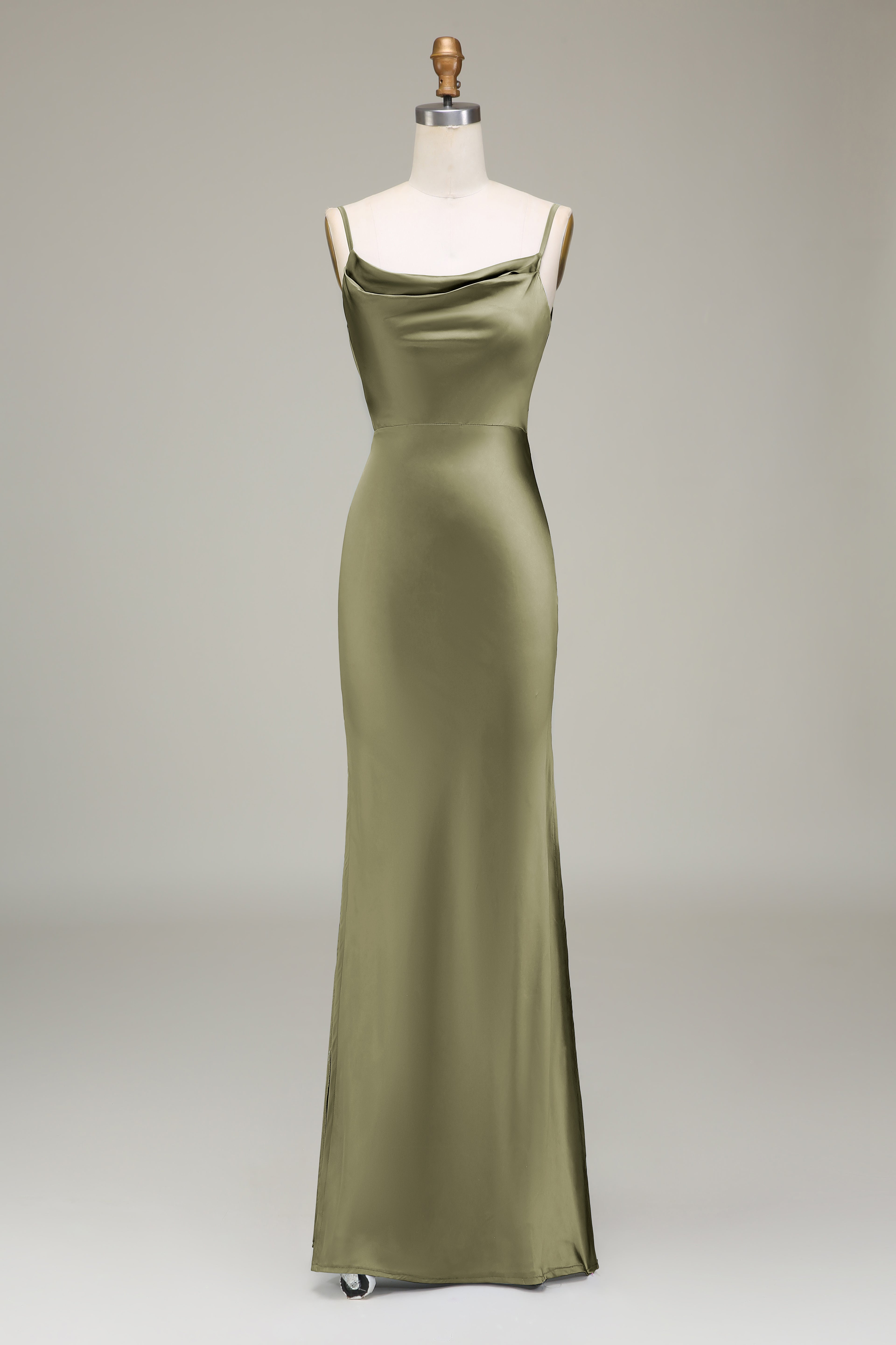 Dusty Blue Sheath Spaghetti Straps Satin Long Bridesmaid Dress